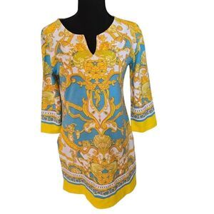 Barbara Gerwit Womens Sea Shell Print 3/4 Sleeve Tunic Dress Yellow Blue Medium